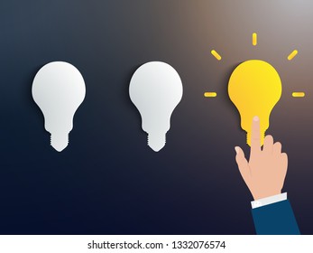 Creative idea. Concept of new idea and innovation, Hand of the businessman touching light bulb. Minimal 