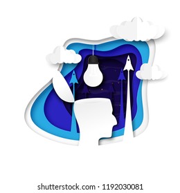 Creative idea concept with open head and light bulb paper art abstract backround.Vector illustration.