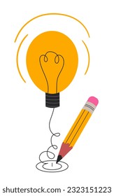 Creative Idee Konzept Bleistift mit Glühbirne. Bleistift-Ziehkraftschalter. Problemlösung, Innovationssymbol. Doodle-flache Vektorgrafik einzeln auf transparentem Hintergrund
