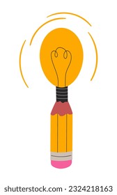 Creative idea concept pencil with light bulb on lead. Problem solution, innovation symbol, logo template. Doodle flat vector illustration isolated on white background