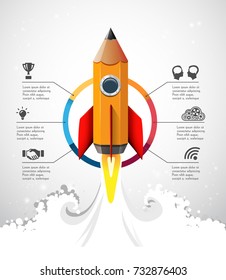 Creative idea concept - pencil as speed rocket climbing to the sky - wisdom and knowledge