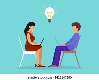 Creative idea concept of two peoplw sitting with laptop and brainstorming energy strategy leadership vector illustration. Boyfriend and girlfriend online. Man woman computer lightbulb.