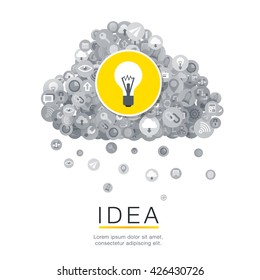 Creative Idea Concept. Yellow Lamp Icon behind Many Desaturated Small Flat Icons in Cloud Shape. Infographic Design Concept. Vector Illustration.