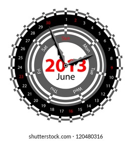 Creative idea of design of a Clock with circular calendar for 2013.  Arrows indicate the day of the week and date. June