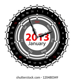 Creative idea of design of a Clock with circular calendar for 2013.  Arrows indicate the day of the week and date. January