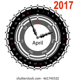 Creative idea of design of a Clock with circular calendar for 2017. Arrows indicate the day of the week and date. April
