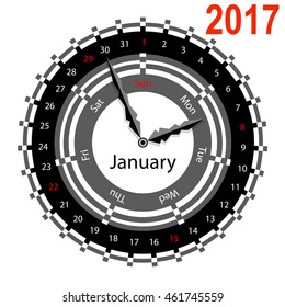 Creative idea of design a Clock with circular calendar for 2017. Arrows indicate the day of the week and date. January