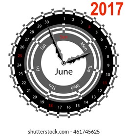 Creative idea of design of a Clock with circular calendar for 2017. Arrows indicate the day of the week and date. June