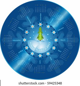 Creative idea of design of a Clock with  circular calendar for 2011. Hands in the form of firtrees show 12 o'clock. Each number-snowflake corresponds to month of a calendar