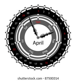 Creative idea of design of a Clock with circular calendar for 2012.  Arrows indicate the day of the week and date. April