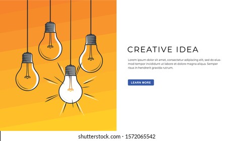 Creative idea. Design with light bulbs, headline and text place or button with text. Modern style illustration for web banners, hero images, printed materials.