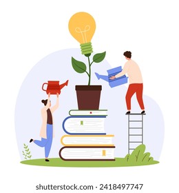 Creative idea development, education, progress in innovation project. Tiny people grow knowledge tree with bright light bulb, nurture future creativity with books cartoon vector illustration