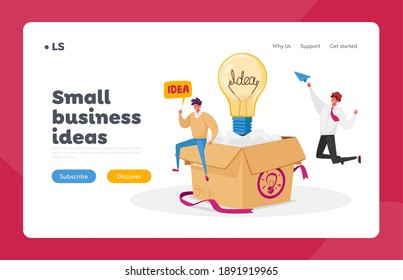 Creative Idea Development, Think Outside Landing Page Template. Business Characters Sit on Huge Carton Box with Bulb Flying out of Package Paper Airplane Working. Cartoon People Vector Illustration