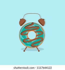 Creative idea of a donut in the form of an alarm clock, minimalistic illustration of a sweet donut, menu concept, a logo for a bakery and their cafes, a creative layout idea, a minimalistic vector