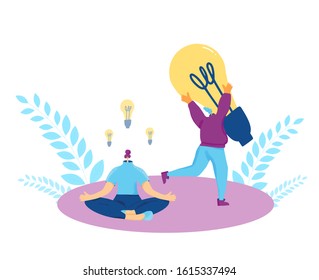 Creative idea. Female person sitting with cross legs and creating business solution and plagiarist stealing huge bulb. Vector flat illustration.
