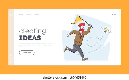 Creative Idea, Financial Success, Opportunity Wealth Landing Page Template. Businessman Character Chasing Flying Light Bulb with Butterfly Net. Business Man Inspiration. Linear Vector Illustration