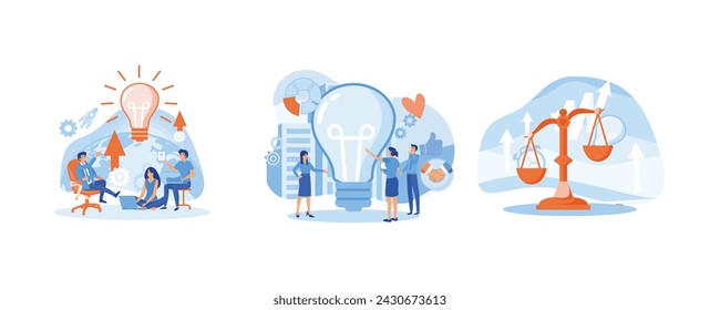 Creative idea. Find idea. Balance between time and cost of an idea. Payment of creativity. Set flat vector modern illustration 