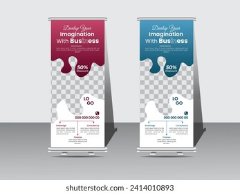 Creative idea of a flat design template for a business roll-up banner stand poster brochure, showcasing modern exhibition advertising .A blank roll-up banner stand with a clipping path.