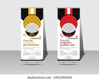 Creative idea of a flat design template for a business roll-up banner stand poster brochure, showcasing modern exhibition advertising .A blank roll-up banner stand with a clipping path.