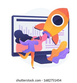 Creative idea flat icon. Innovative internet project, advertising business, online promotion. Woman with loudspeaker cartoon character. Vector isolated concept metaphor illustration