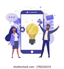 Creative Idea flat illustration. Creativity and Inspiration color design. Mobile Phone with Lightbulb and Happy People vector colorful concept, isolated on white background.
