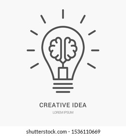 Creative idea flat line icon. Brain in lightbulb vector illustration. Thin sign of innovation, solution, education logo.