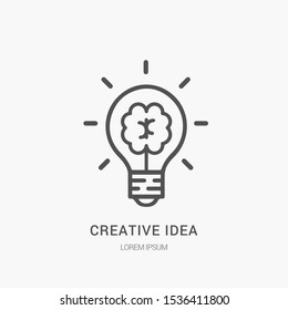 Creative idea flat line icon. Brain in lightbulb vector illustration. Thin sign of innovation, solution, education logo.