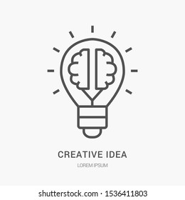 Creative Idea Flat Line Icon. Brain In Lightbulb Vector Illustration. Thin Sign Of Innovation, Solution, Education Logo.