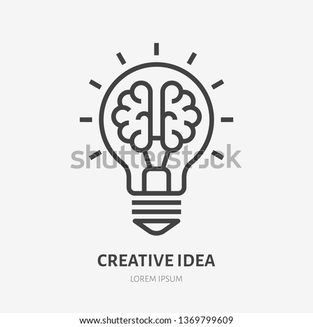 Creative idea flat line icon. Brain in lightbulb vector illustration. Thin sign of innovation, solution, education logo.