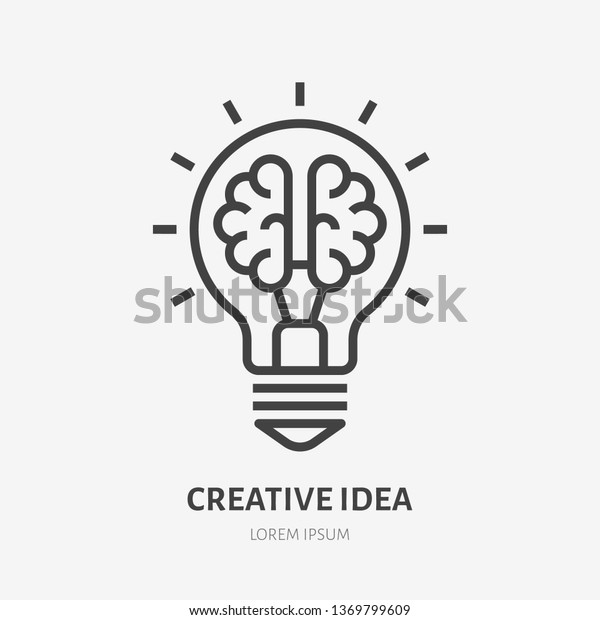 Creative\
idea flat line icon. Brain in lightbulb vector illustration. Thin\
sign of innovation, solution, education\
logo.
