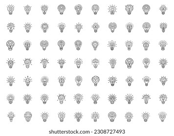 Creative idea flat line icons. Thin sign of innovation, solution, education logo. Brain in light bulb vector illustration.