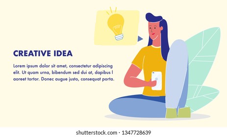 Creative Idea Flat Vector Web Banner Template. Woman with Smartphone. Light bulb. Brainstorming. Smart Geek Student in Glasses. Female Character Sitting on Floor. Teenager Using Social Networks