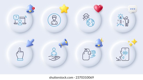 Ideas creativas, Fraude e iconos de línea de correo de voz. Botones con timbre 3d, discurso de chat, cursor. Paquete de manos de lavado, reclutamiento, icono de pregunta en línea. Persona, pictograma del dedo medio. Vector