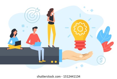 Creative idea. Group of people sitting on businessman hand with light bulb and gear. Brainstorming, marketing, teamwork, business solution concepts. Modern flat design. Vector illustration