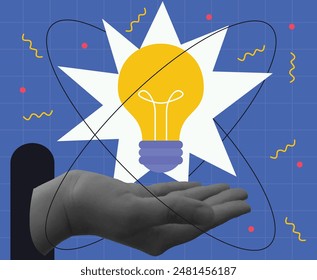Creative idea. Hand holding light bulb for idea. Vector infection. Collage