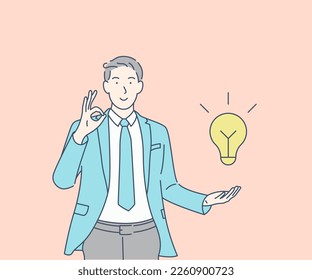 Idea creativa en manos de un hombre, bombilla, ilustración de diseño vectorial de estilo dibujado a mano