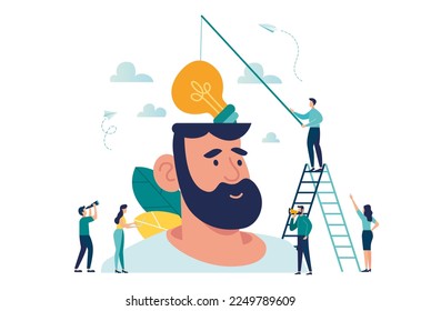 creative idea in head, teamwork brainstorming, ideological thinking to solve and create new innovative projects. innovation creation smart businessman, idea concept light bulb brain, vector flat style