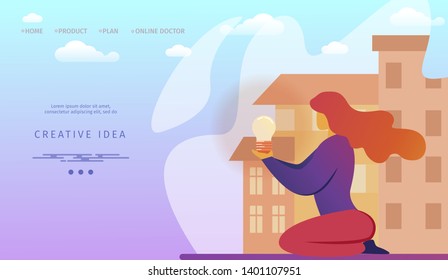 Creative Idea Horizontal Banner. Young Woman with Illuminated Light Bulb in Hands on Cityscape Background. Insight Innovation, New Project. Girl with Shining Lightbulb Cartoon Flat Vector Illustration