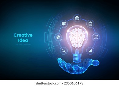 Creative Idea. Human brain in a light bulb in hand. Business idea, brainstorming. Creative Thinking. Light bulb with brain. Creativity, innovation, inspiration technology concept. Vector illustration.