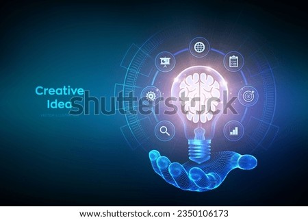 Creative Idea. Human brain in a light bulb in hand. Business idea, brainstorming. Creative Thinking. Light bulb with brain. Creativity, innovation, inspiration technology concept. Vector illustration.