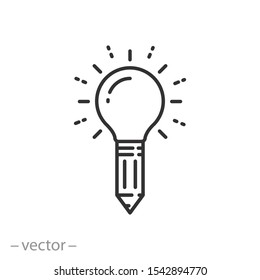 creative idea icon, pencil lightbulb logo, light inspiration concept, innovation, thin line web symbol on white background - editable stroke vector illustration eps 10