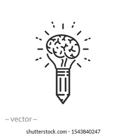 creative idea icon, pencil lightbulb brain logo, light inspiration concept, innovation, thin line web symbol on white background - editable stroke vector illustration eps 10