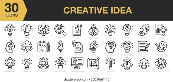 Conjunto de iconos de idea creativa. Incluye teoría, creador, inspiración, borrador, innovación y más. Colección de Vector de iconos de contorno.