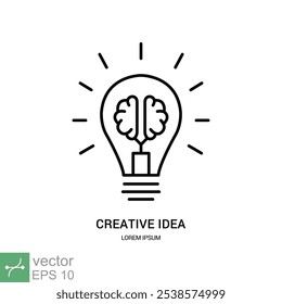 Ícone de ideia criativa. Estilo de contorno simples. Cérebro na lâmpada, sinal plano, mente, inovação, solução, conceito de educação. Ilustração de vetor de linha fina isolada no fundo branco. EPS 10.