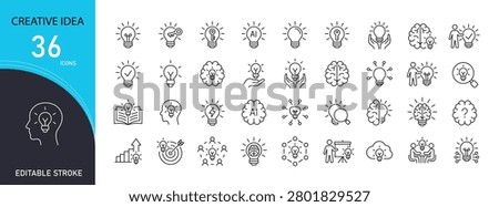 Creative idea icons set representing innovation, brainstorming, problem solving, inspiration, imagination, strategy, planning and business creativity. Editable Stroke.