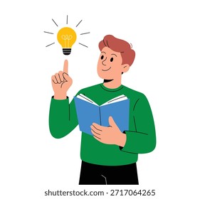 Ilustración creativa de la idea del libro de lectura del hombre joven con el símbolo brillante de la bombilla para la educación del conocimiento y el concepto de la inspiración