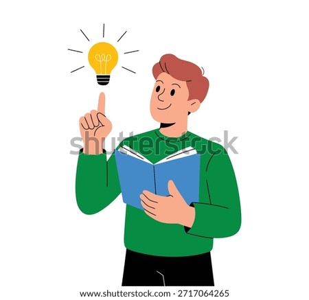 Creative idea illustration of young man reading book with glowing light bulb symbol for knowledge education and inspiration concept