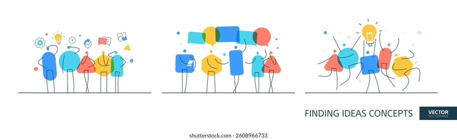 Creative idea illustrations set in thin line style. Team feedback abstract linear vector design concepts. Brainstorm talk flat icons. Tiny geometric people team.