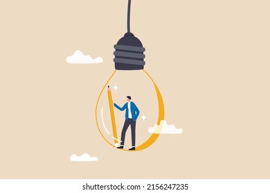 Creative idea, imagination or inspiration, creativity to thinking about solution or invention, new idea, knowledge or education concept, creative man holding pencil think about idea on lightbulb.