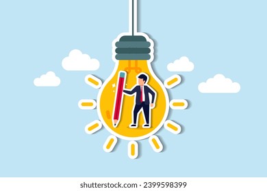 Creative idea, imagination or inspiration, creativity to thinking about solution or invention, new idea, knowledge or education concept, creative man holding pencil think about idea on lightbulb.